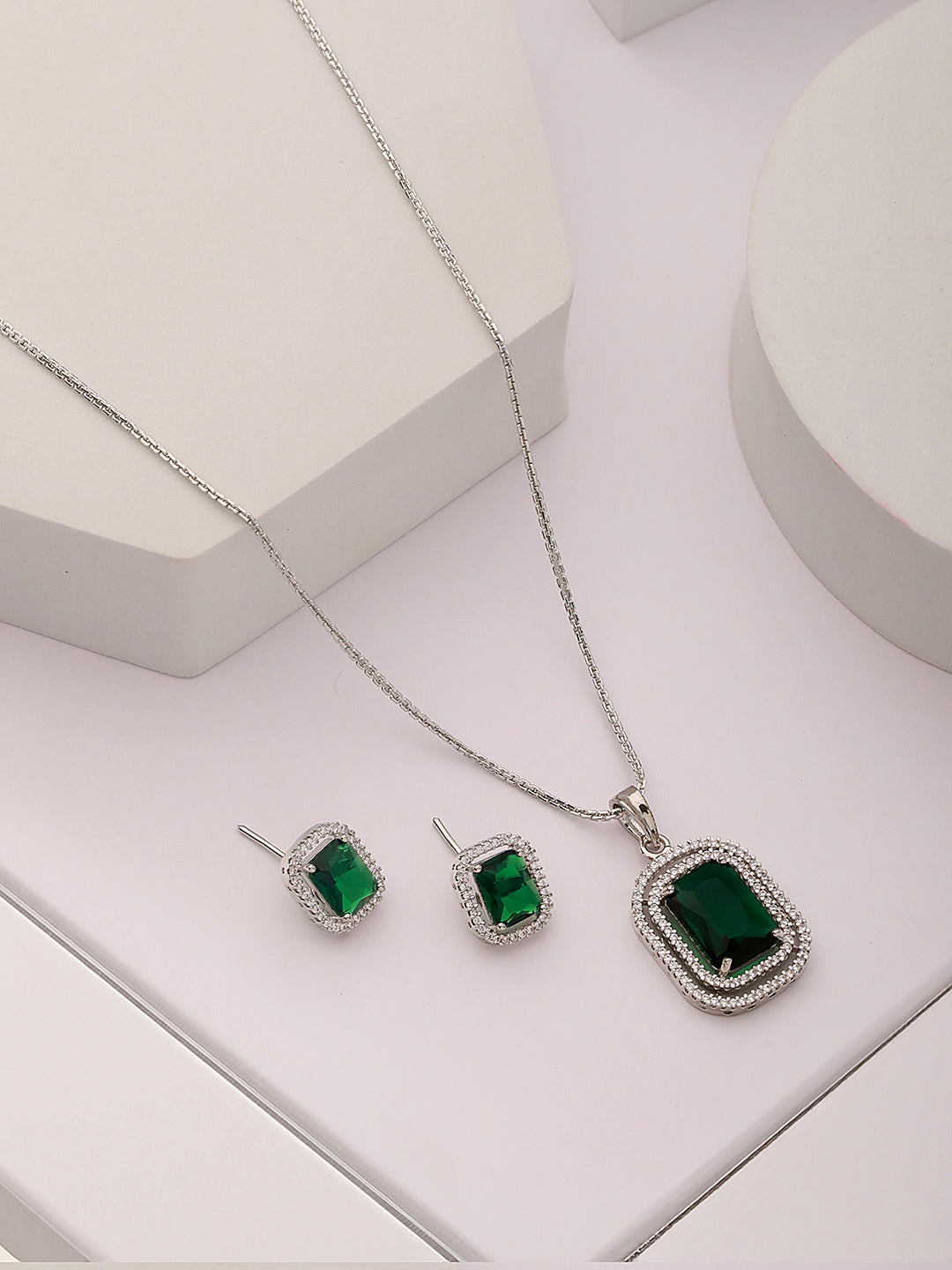 Silver Toned Emerald Green AD Studded Rectangular Pendant Jewellery Set